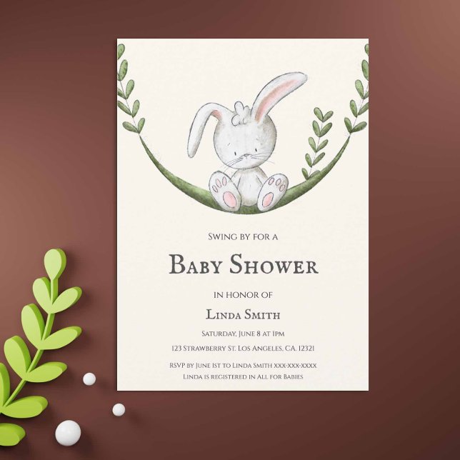 Bunny Rabbit in Swing Gender Neutral Baby Shower Invitation