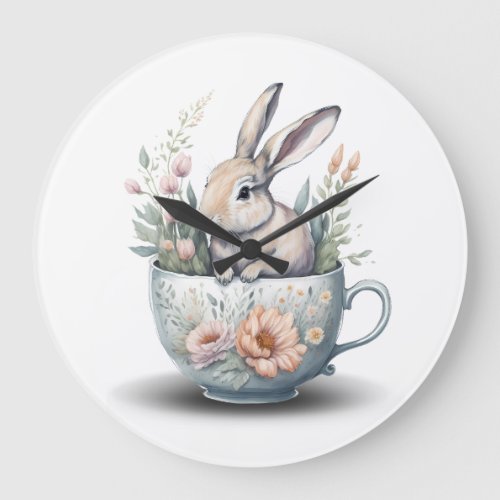 Bunny Rabbit in Teacup with Flowers Large Clock