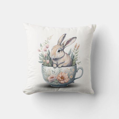 Bunny Rabbit in Teacup with Flowers Throw Pillow