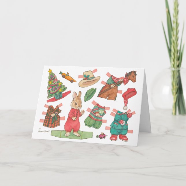 Bunny Rabbit kids paper doll Christmas card  (Front)
