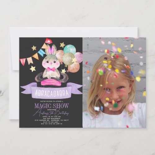 Bunny Rabbit Magic Show Blk Girl Birthday Photo Invitation