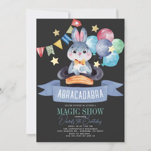 Bunny Rabbit Magician Magic Show Blk Boy Birthday Invitation