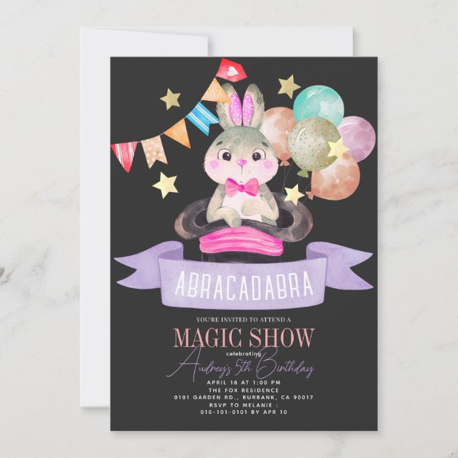 Bunny Rabbit Magician Magic Show Blk Girl Birthday Invitation (Front)