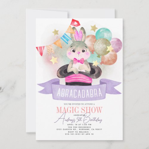 Bunny Rabbit Magician Magic Show Girl Birthday Invitation