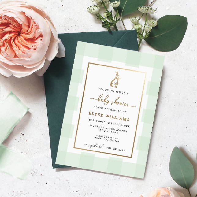 Bunny Rabbit Mint Gingham Baby Shower Foil Invite (Creator Uploaded)
