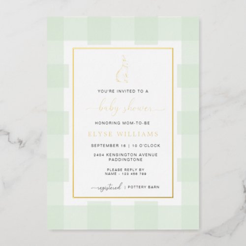 Bunny Rabbit Mint Gingham Baby Shower Foil Invite