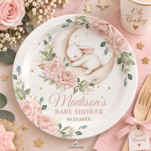 Bunny Rabbit Moon Pink Blush Floral Baby Shower Paper Plates