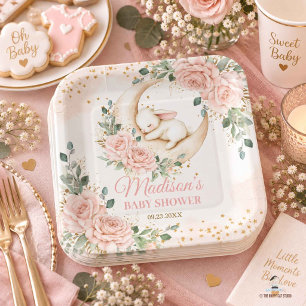 Bunny Rabbit Moon Pink Blush Floral Baby Shower Paper Plates