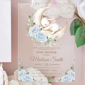 Bunny Rabbit Moon Soft Blue Floral Boy Baby Shower Acrylic Invitations