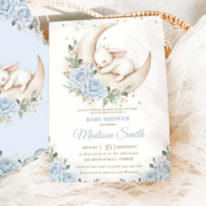 Bunny Rabbit Moon Soft Blue Floral Boy Baby Shower Invitation