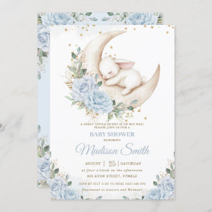 Bunny Rabbit Moon Soft Blue Floral Boy Baby Shower Invitation
