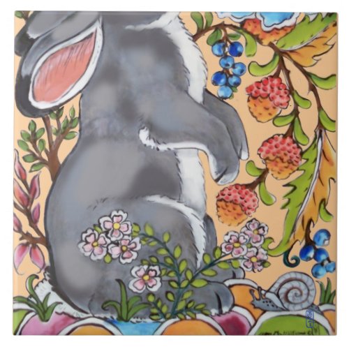 Bunny Rabbit Mural Floral Light Peach Bottom Half  Ceramic Tile