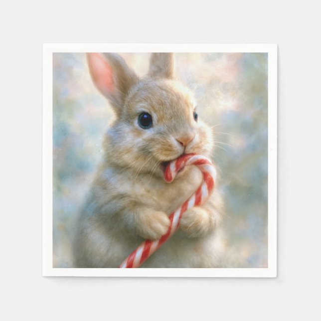 Bunny Rabbit Nibbling On a Candy Cane Napkins (Front)