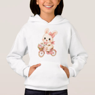 Bunny Rabbit on Pink Bicycle Girls Hoodie
