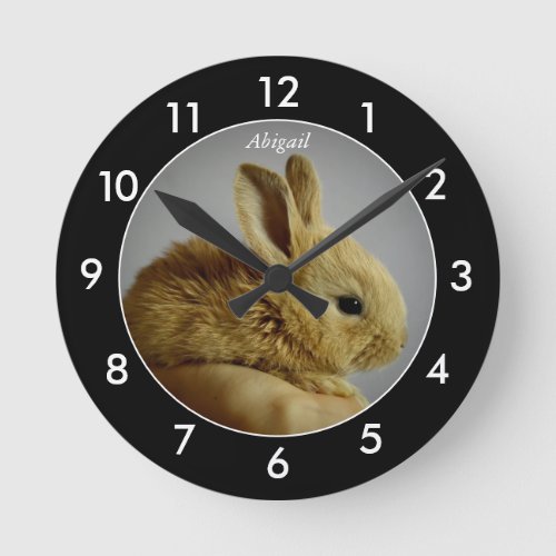 Bunny Rabbit Personalized Black Border Round Clock