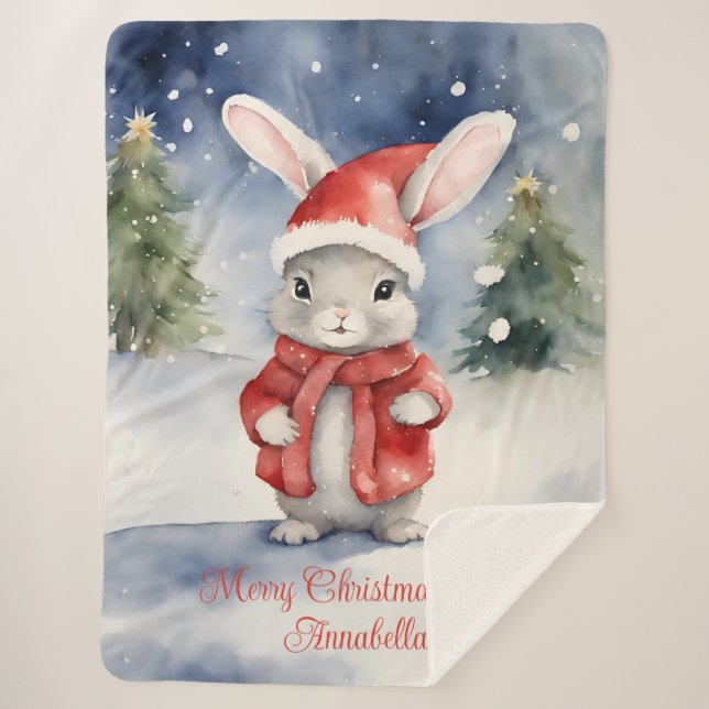 Bunny Rabbit Personalized Christmas  Sherpa Blanket (Front)