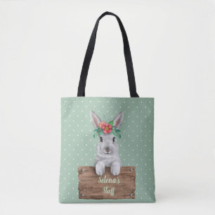 Bunny Rabbit Personalized Sign - Green Polka Dots Tote Bag