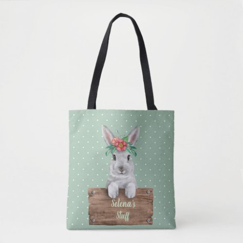 Bunny Rabbit Personalized Sign _ Green Polka Dots Tote Bag