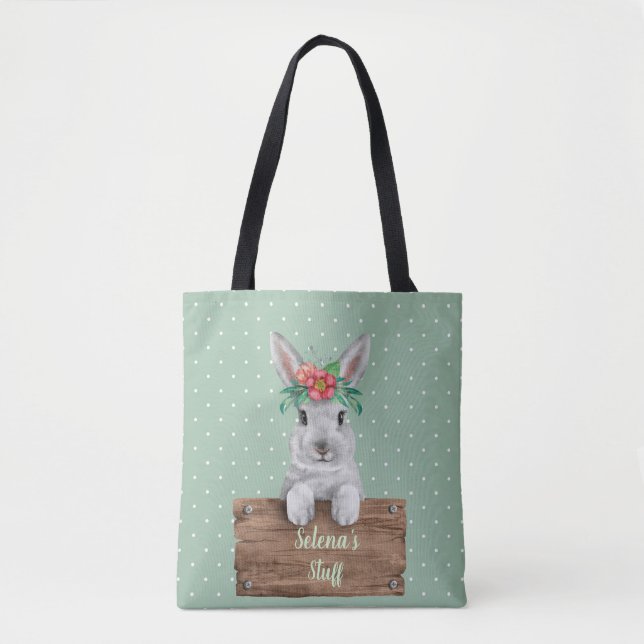 Bunny Rabbit Personalized Sign - Green Polka Dots Tote Bag (Front)