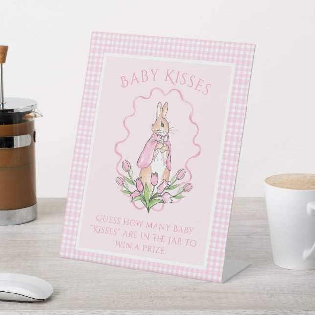 Bunny Rabbit Pink Baby Kisses Baby Shower Game Pedestal Sign (In SItu)