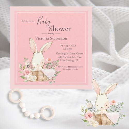 Bunny Rabbit Pink Baby Shower Invitation