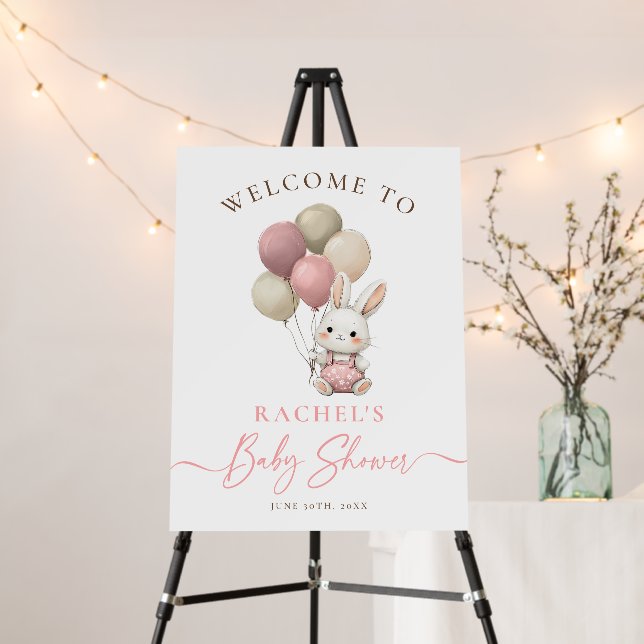 Bunny Rabbit Pink Balloon Girl Baby Shower Welcome Foam Board (In Situ (Stand))