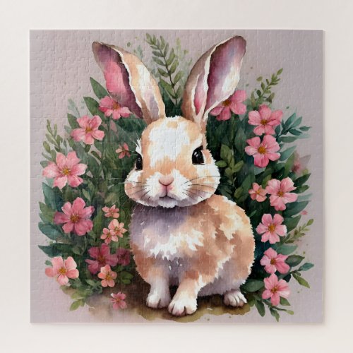 Bunny Rabbit Pink Floral Art Jigsaw Puzzle