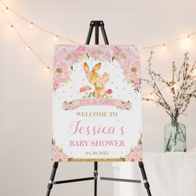 Bunny Rabbit Pink Floral Baby Shower Welcome Foam Board (In Situ (Stand))