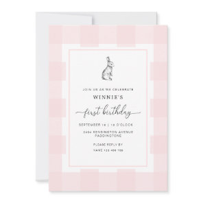 Bunny Rabbit Pink Gingham 1st Birthday Invitation