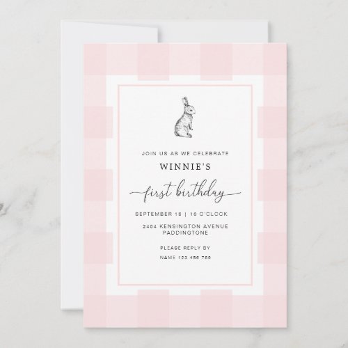 Bunny Rabbit Pink Gingham 1st Birthday Invitation