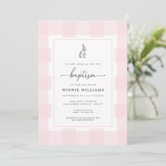 Bunny Rabbit Pink Gingham Baptism Invitation (Standing Front)