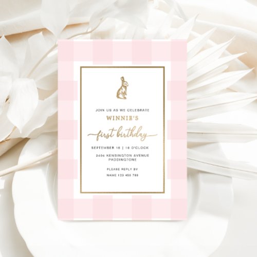 Bunny Rabbit Pink Gingham Birthday Foil Invitation