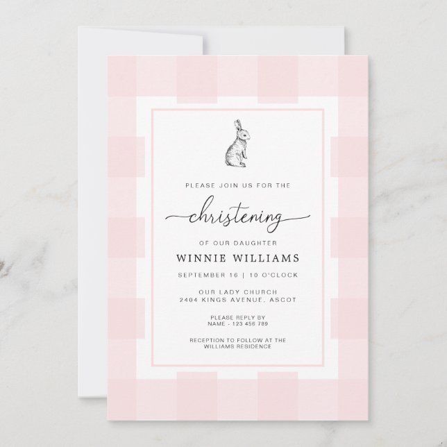 Bunny Rabbit Pink Gingham Christening Invitation (Front)