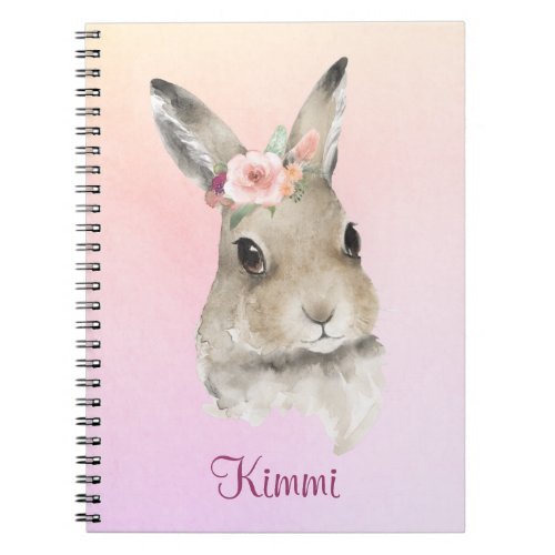 Bunny Rabbit Pink Watercolor Floral Name Cute Notebook