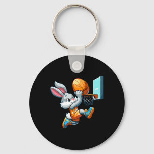 Bunny Rabbit Playing Dunking Bysketbyll Easter Egg Keychain
