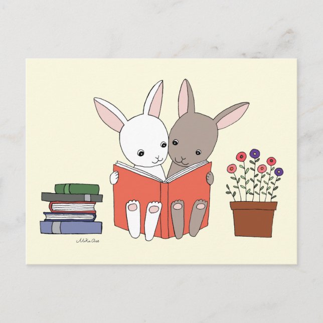 Bunny Rabbit Reading Book Postcard Cute Bunny Book (Front)
