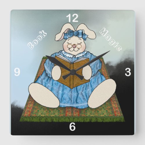 Bunny Rabbit Reads a Book on a Magic Carpet Square Wall Clock