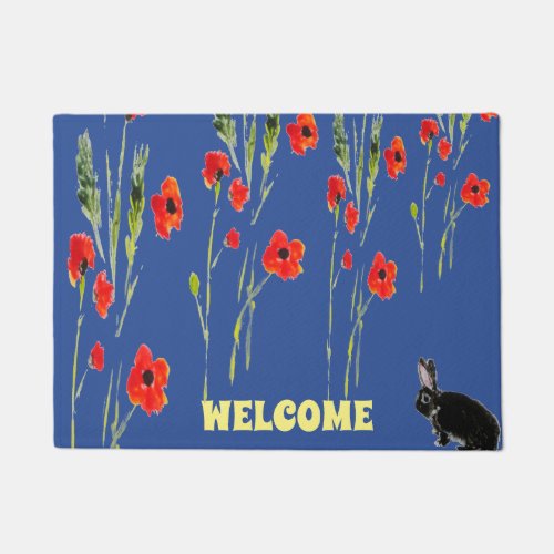 Bunny Rabbit Red Poppies Custom Doormat