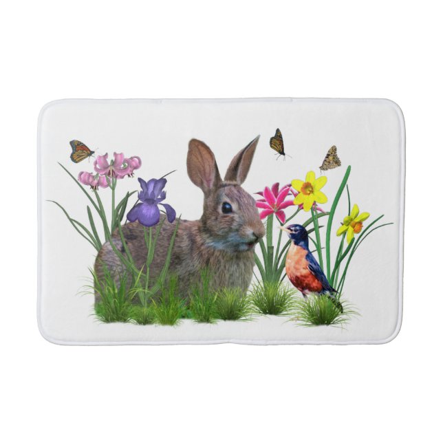 Bunny Rabbit,  Robin, and Flowers, Customizable Bathroom Mat (Front)