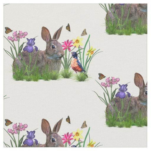 Bunny Rabbit, Robin, and Flowers, Customizable Fabric | Zazzle