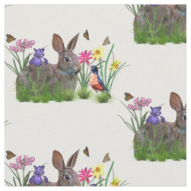 Bunny Rabbit,  Robin, and Flowers, Customizable Fabric (Close Up)