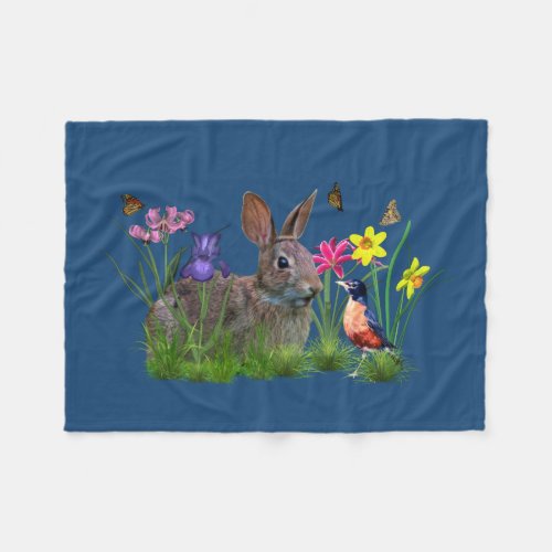 Bunny Rabbit  Robin and Flowers Customizable Fleece Blanket