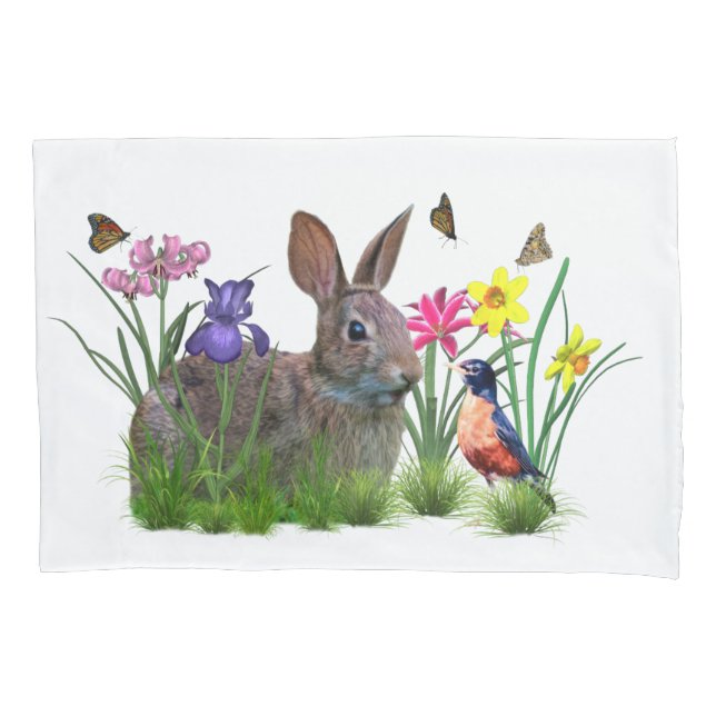Bunny Rabbit,  Robin, and Flowers, Customizable Pillow Case (Front-Left)