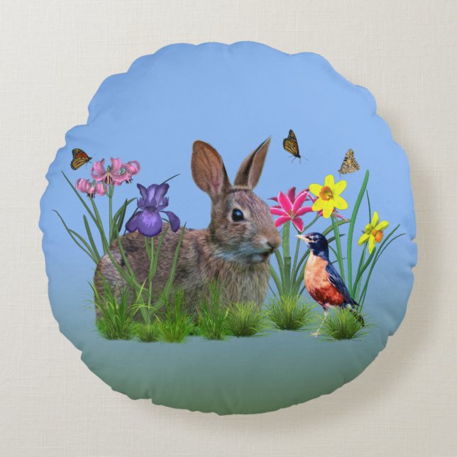 Bunny Rabbit,  Robin, and Flowers, Customizable Round Pillow (Front)