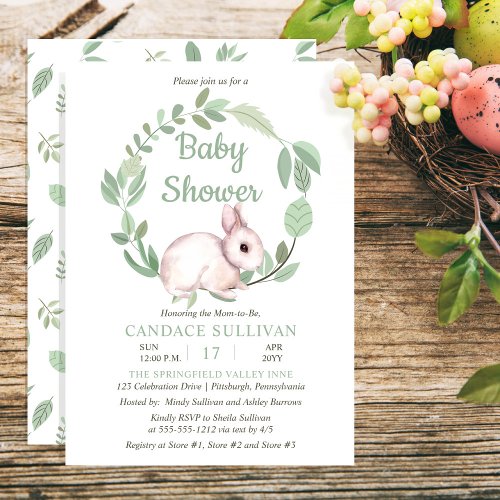 Bunny Rabbit Sage Floral Wreath Boy Baby Shower Invitation