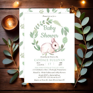 Bunny Rabbit Sage Floral Wreath Boy Baby Shower Invitation