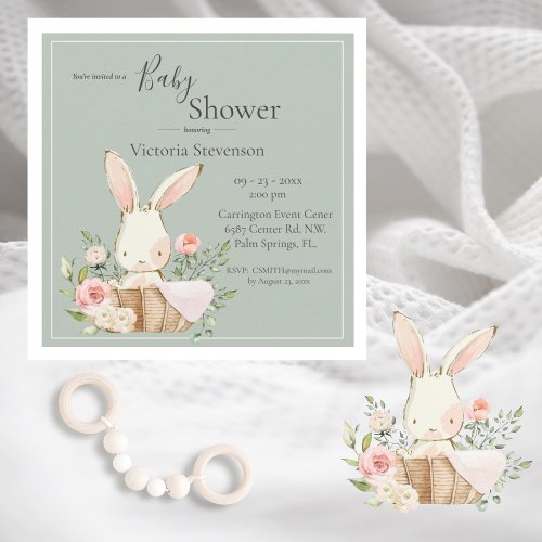 Bunny Rabbit Sage Green Baby Shower Invitation