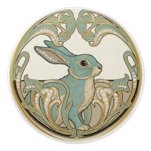 Bunny Rabbit Sage Green & Gold Art Deco Nouveau Ceramic Knob