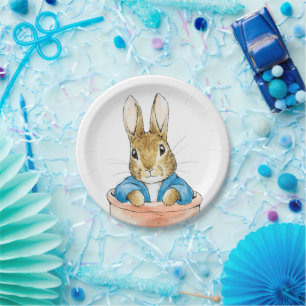 Bunny rabbit sitting in plant pot paper plates