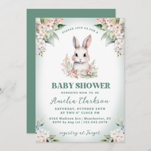 Bunny Rabbit Soft Green  Floral Baby Shower Invitation